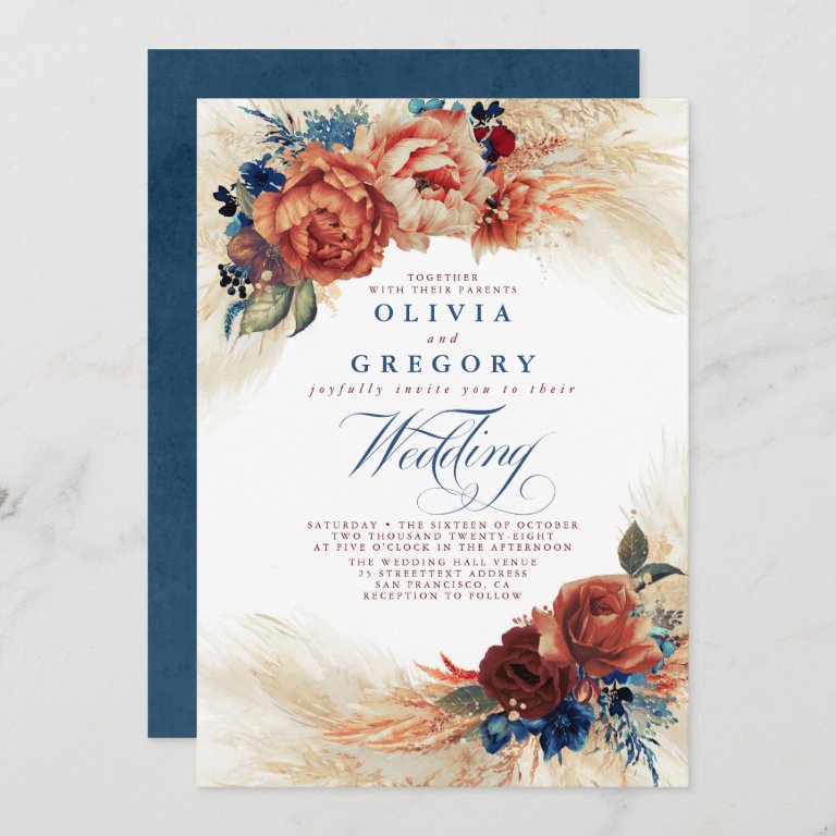 Terracotta and Navy Blue Floral Elegant Wedding Invitation