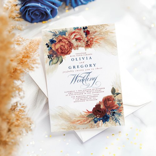 Terracotta and Navy Blue Floral Elegant Wedding Invitation