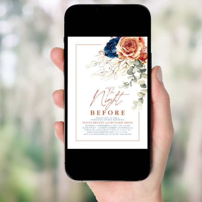 Terracotta and Navy Blue Floral Rehearsal Dinner Invitation (Front Digital)