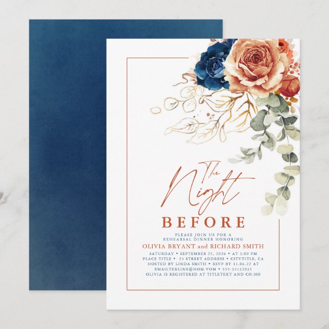 Terracotta and Navy Blue Floral Rehearsal Dinner Invitation (Front/Back)