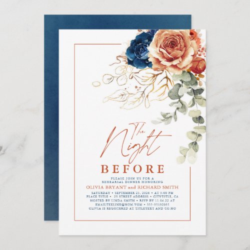 Terracotta and Navy Blue Floral Rehearsal Dinner Invitation