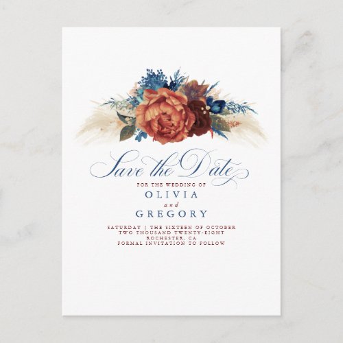 Terracotta and Navy Blue Floral Save The Date Announcement Postcard