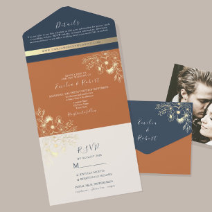Terracotta and Navy Blue Floral Wedding All In One Invitation