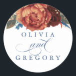 Terracotta and Navy Blue Floral Wedding Classic Round Sticker<br><div class="desc">Pampas grass floral rust terracotta navy blue wedding stickers</div>