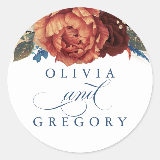 Terracotta and Navy Blue Floral Wedding Classic Round Sticker (Front)