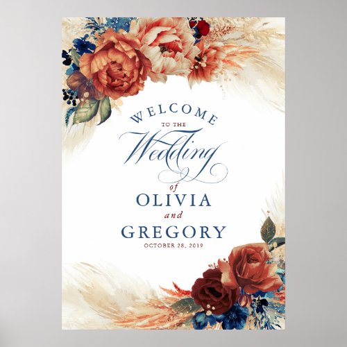 Terracotta and Navy Blue Floral Wedding Welcome Poster