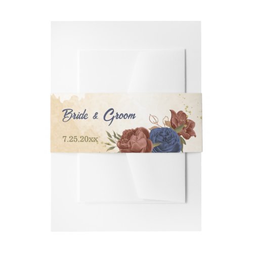 terracotta and navy blue flowers wedding invitation belly band