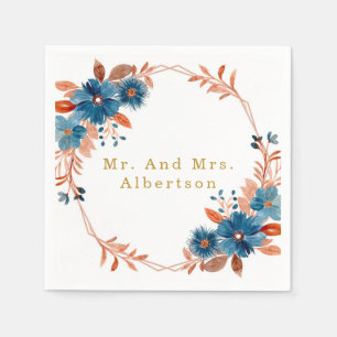 Terracotta and Navy Blue Gold Floral Wedding Napkins