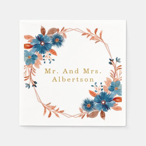 Terracotta and Navy Blue Gold Floral Wedding Napkins