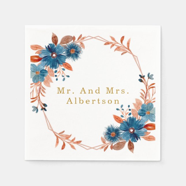 Terracotta and Navy Blue Gold Floral Wedding Napkins (Front)
