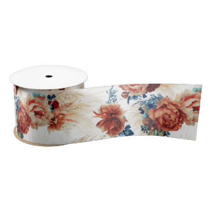 Terracotta and Navy Blue Pampas Grass Floral Boho Satin Ribbon