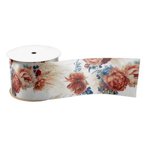 Terracotta and Navy Blue Pampas Grass Floral Boho Satin Ribbon