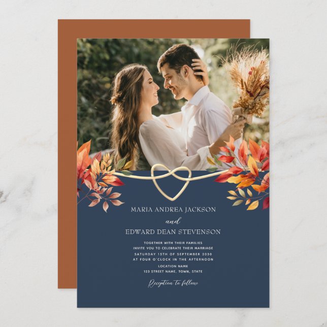 Terracotta and Navy Blue Rustic Fall Wedding Invitation (Front/Back)
