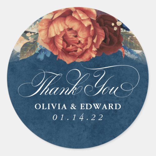 Terracotta and Navy Blue Thank You Floral Classic Round Sticker