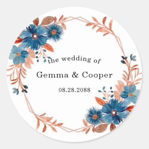 Terracotta and Navy Blue Watercolor Floral Wedding Classic Round Sticker