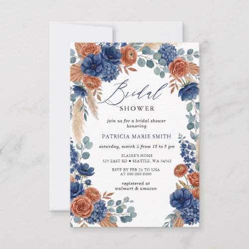 Terracotta and Navy Floral Greenery Bridal Shower Invitation