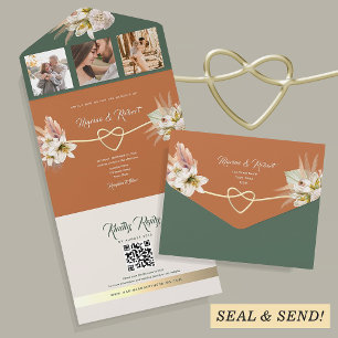 Terracotta and Olive Green Boho Wedding All In One Invitation