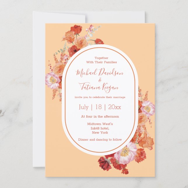 Terracotta and Sunset Red Boho Floral Wedding Invitation (Front)