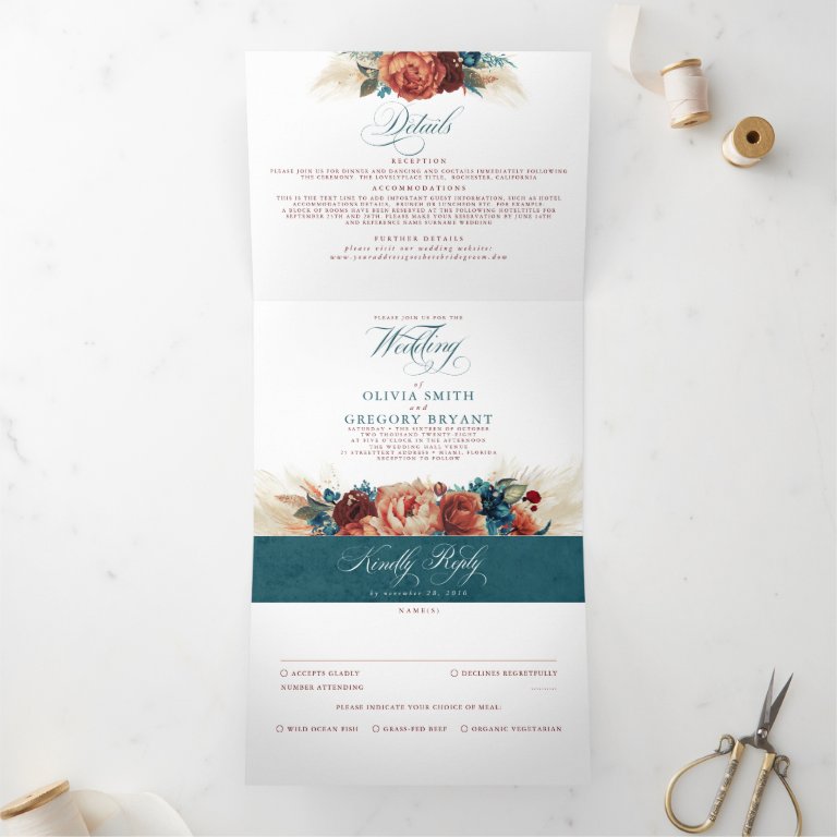 Terracotta and Teal Blue Elegant Boho Wedding Tri-Fold Invitation