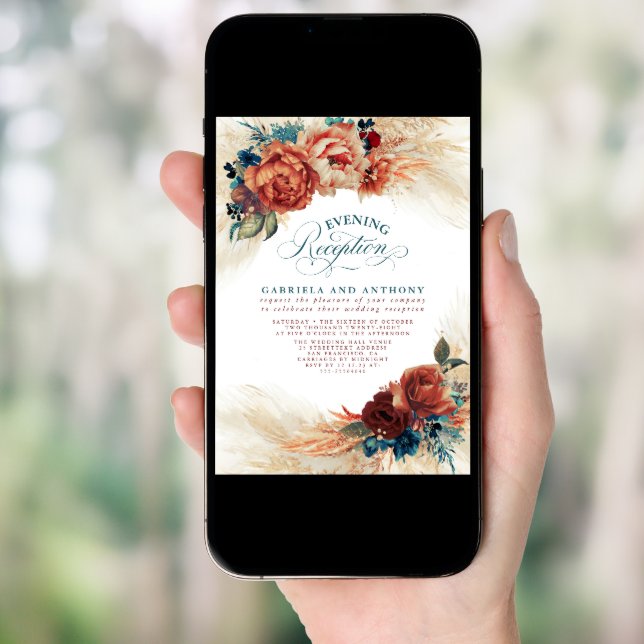 Terracotta and Teal Blue Floral Evening Reception Invitation (Front Digital)