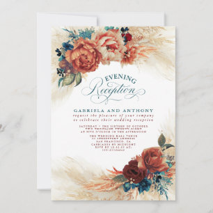 Terracotta and Teal Blue Floral Evening Reception Invitation