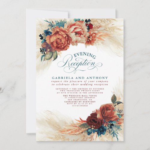 Terracotta and Teal Blue Floral Evening Reception Invitation