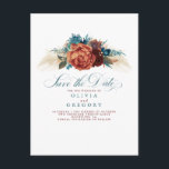 Terracotta and Teal Blue Floral Save The Date Announcement Postcard<br><div class="desc">Pampas grass terracotta teal blue flowers save the date postcards</div>