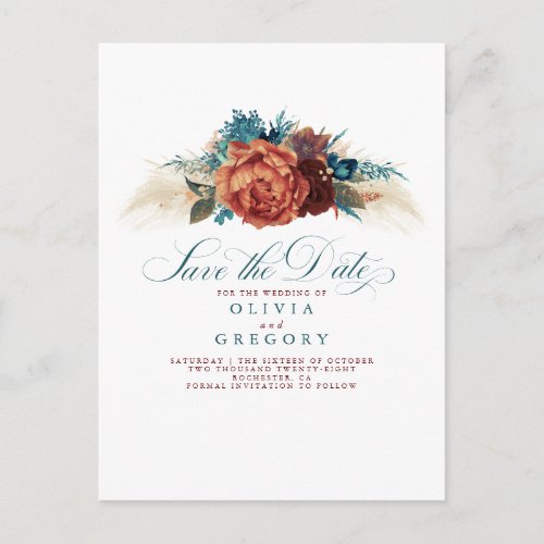 Terracotta and Teal Blue Floral Save The Date Announcement Postcard