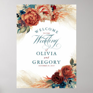 Terracotta and Teal Blue Floral Wedding Welcome Poster