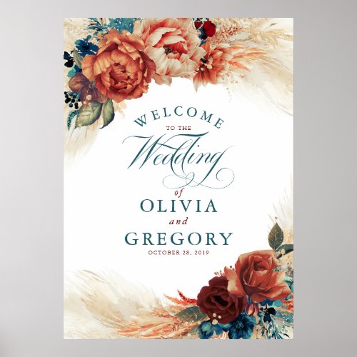 Terracotta and Teal Blue Floral Wedding Welcome Poster