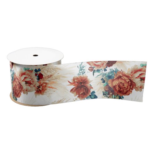 Terracotta and Teal Blue Pampas Grass Floral Boho Satin Ribbon