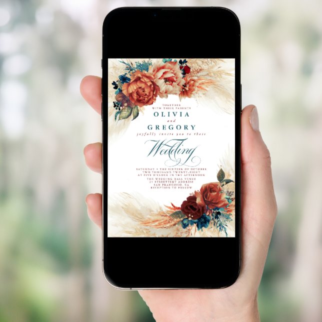 Terracotta and Teal Floral Elegant Boho Wedding Invitation (Front Digital)
