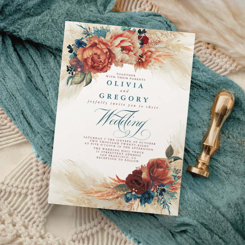 Terracotta and Teal Floral Elegant Boho Wedding Invitation