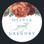 Terracotta and Teal Floral Wedding Classic Round Sticker<br><div class="desc">Pampas grass floral rust terracotta teal wedding stickers</div>