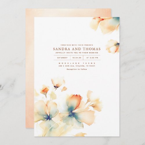 Terracotta and Teal Flowers Elegant Fall Wedding Invitation