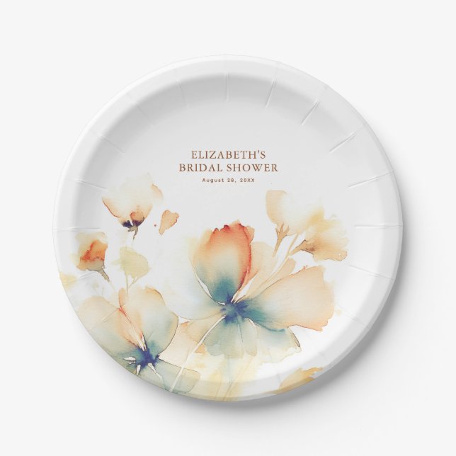 Terracotta and Teal Flowers Elegant Paper Plates (Front)