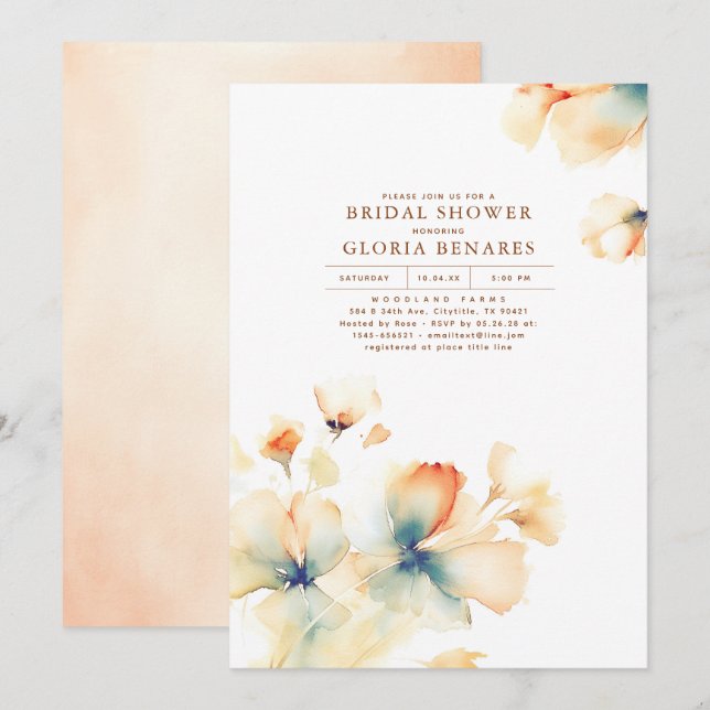 Terracotta and Teal Flowers Modern Bridal Shower Invitation (Front/Back)