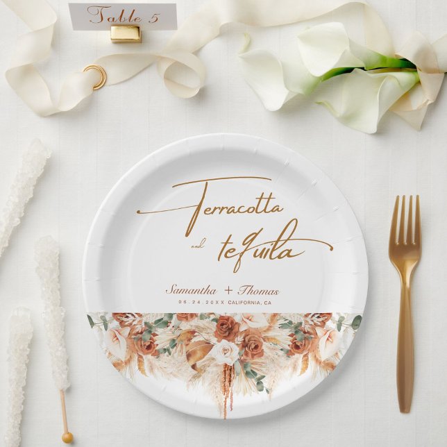 Terracotta and Tequila Bright Pampas Wedding  Paper Plates (Creator Uploaded)