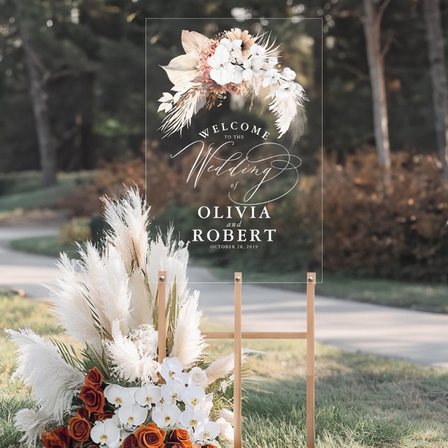 Terracotta and White Boho Floral Wedding Welcome Acrylic Sign (Boho Floral Wedding Welcome Transparent Acrylic Sign)