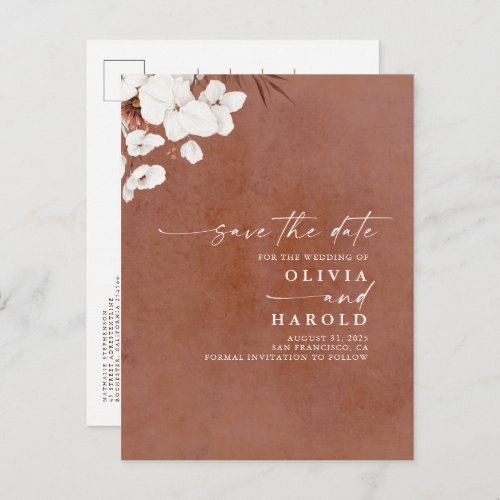 Terracotta and White Floral Boho Save The Date Announcement Postcard