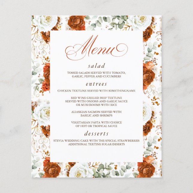 Terracotta and White Floral Elegant Wedding Menu Flyer (Front)