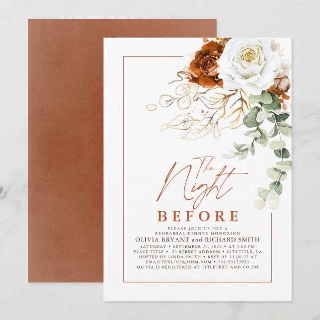 Terracotta and White Floral Rehearsal Dinner Invitation (Front/Back)