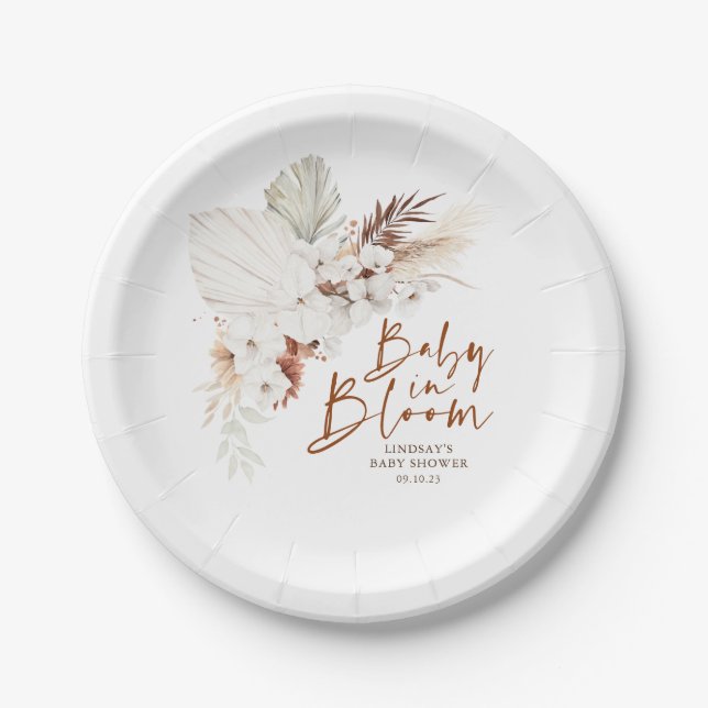 Terracotta and White Flowers Boho Baby Shower Paper Plates (Front)