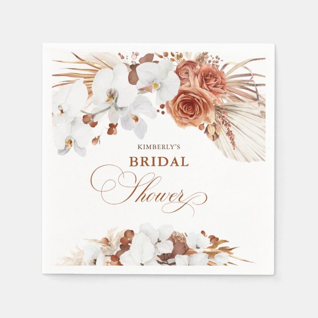 Terracotta and White Flowers Boho Botanical Shower Napkins (Front)