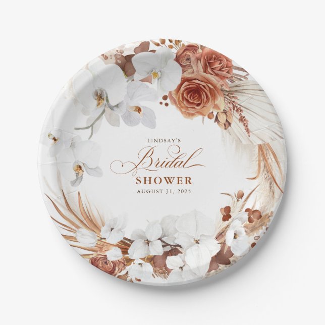 Terracotta and White Flowers Boho Bridal Shower Paper Plates (Front)
