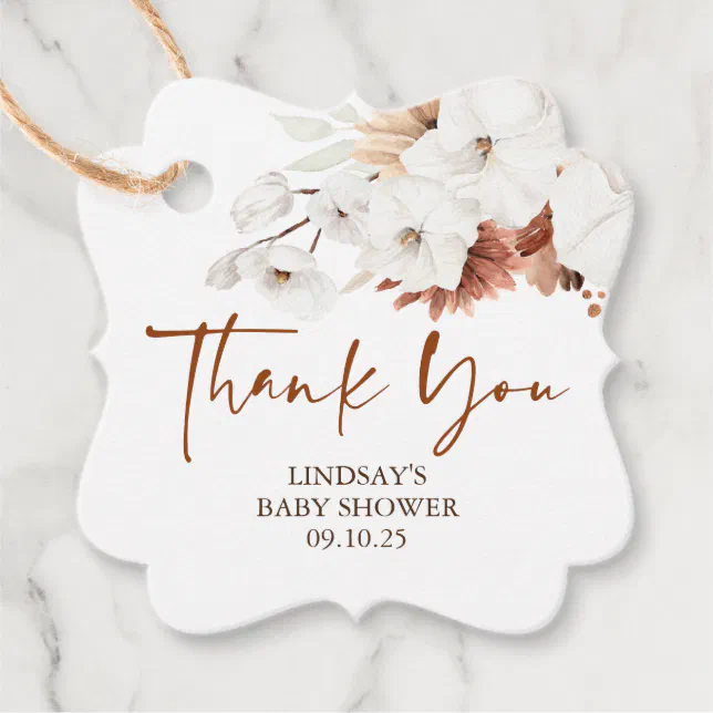 Terracotta and White Flowers Boho Thank You Favor Tags | Zazzle
