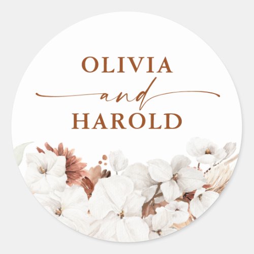 Terracotta and White Flowers Boho Wedding Classic Round Sticker