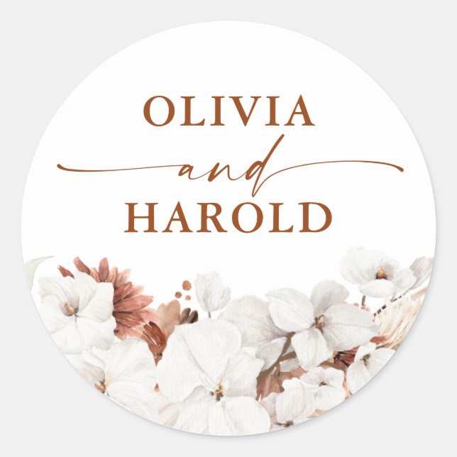 Terracotta and White Flowers Boho Wedding Classic Round Sticker (Front)