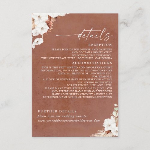 Terracotta and White Flowers Boho Wedding Details Enclosure Card
