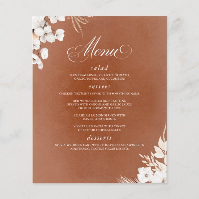 Terracotta and White Flowers Boho Wedding Menu Flyer (Front)